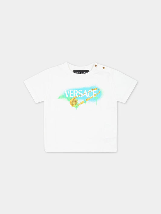 T-shirt bianca per neonato con logo bianco e Spilla Safety,Versace,1000102 1A06523 6W030