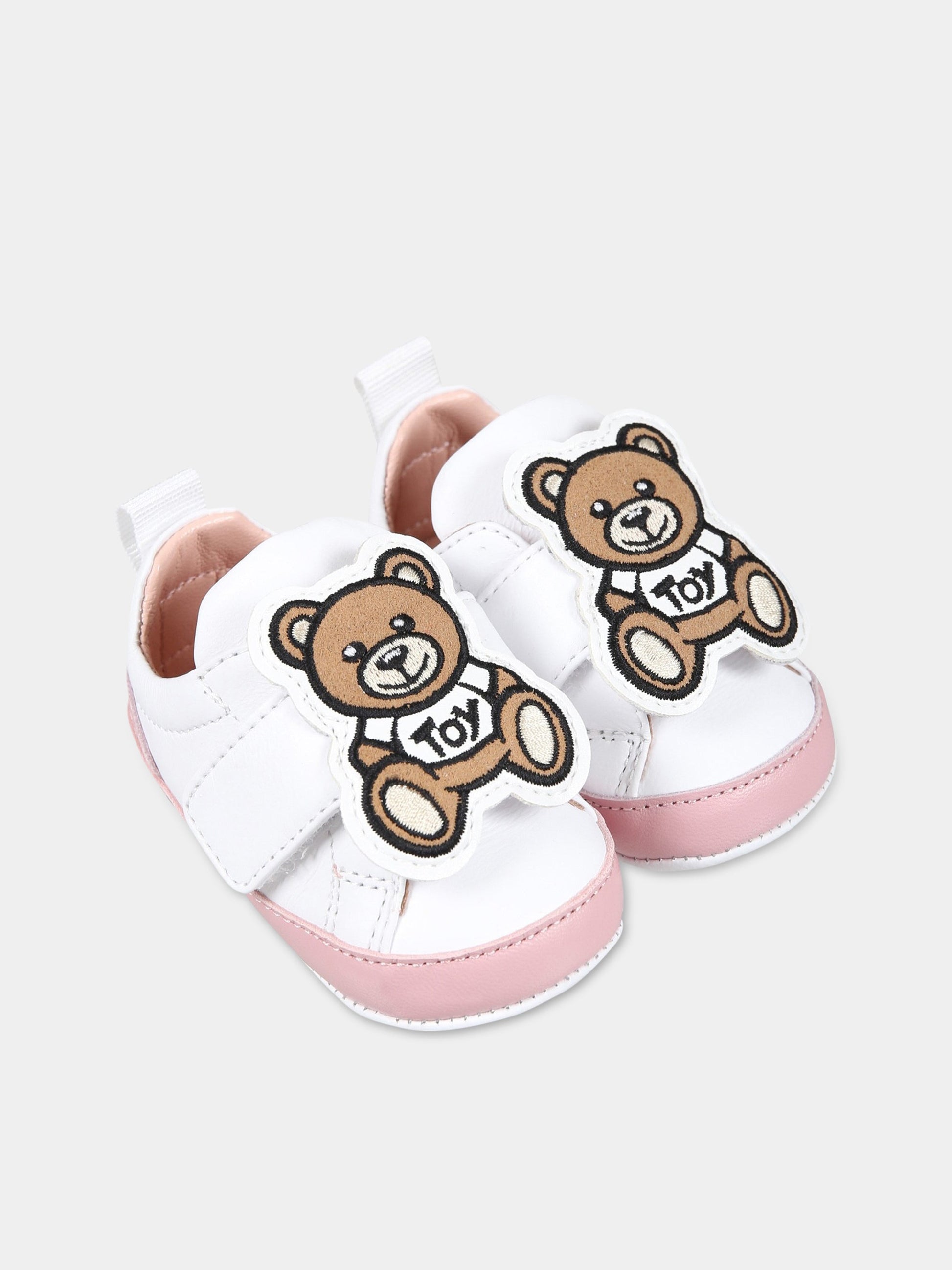 Sneakers bianche per neonata con logo e Teddy Bear,Moschino Kids,74270 1