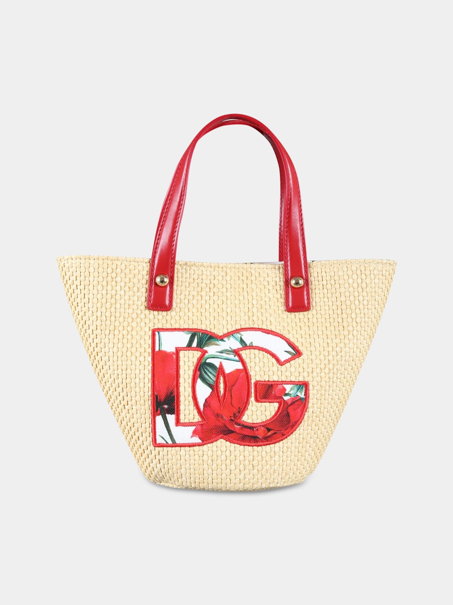 Borsa beige per bambina con logo e papaveri,Dolce & Gabbana Kids,EB0054 AZ806 HA3VN