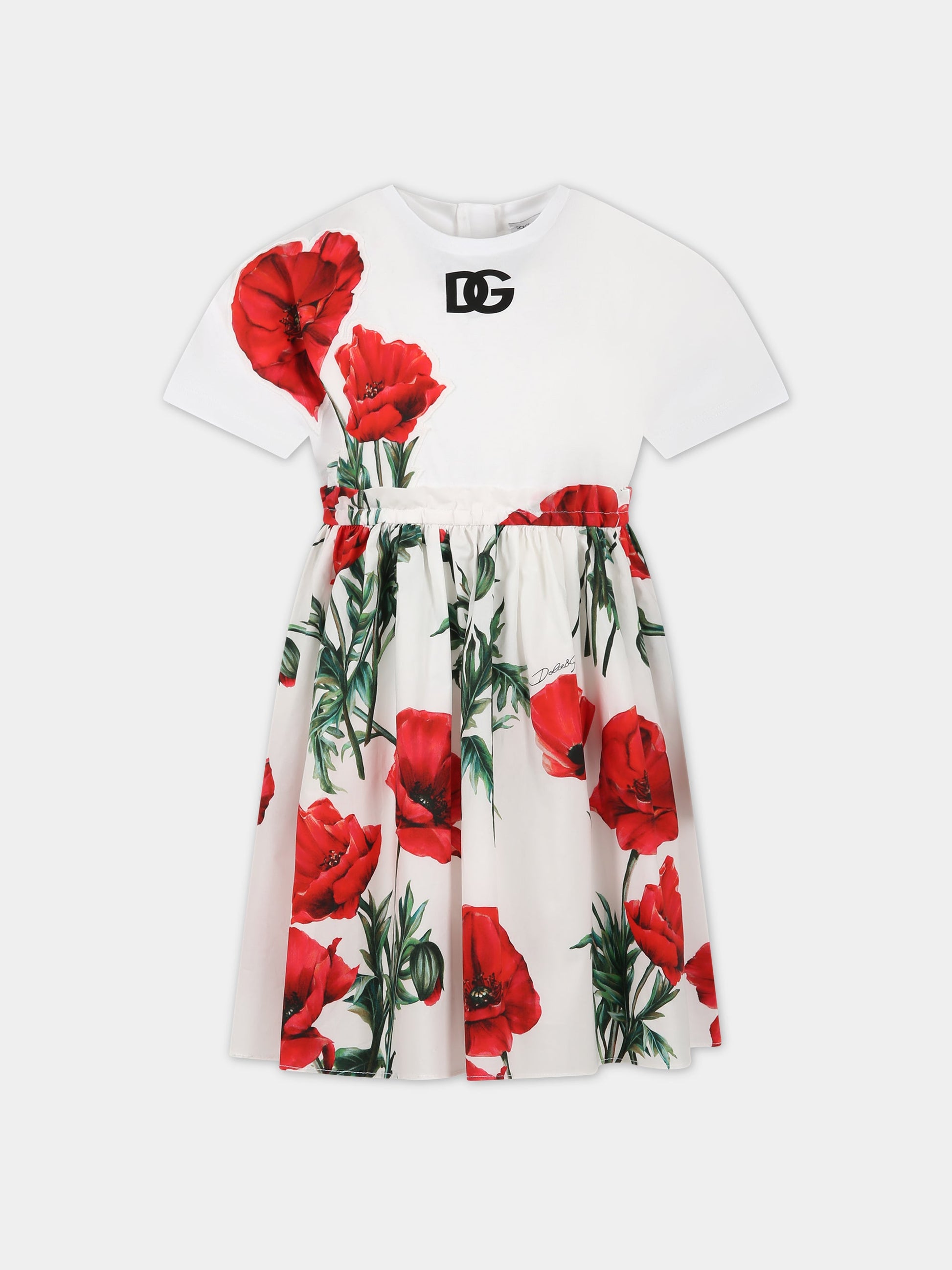 Vestito bianco per bambina con stampa papaveri e logo,Dolce & Gabbana Kids,L5JD4R G7G9L HA3VN
