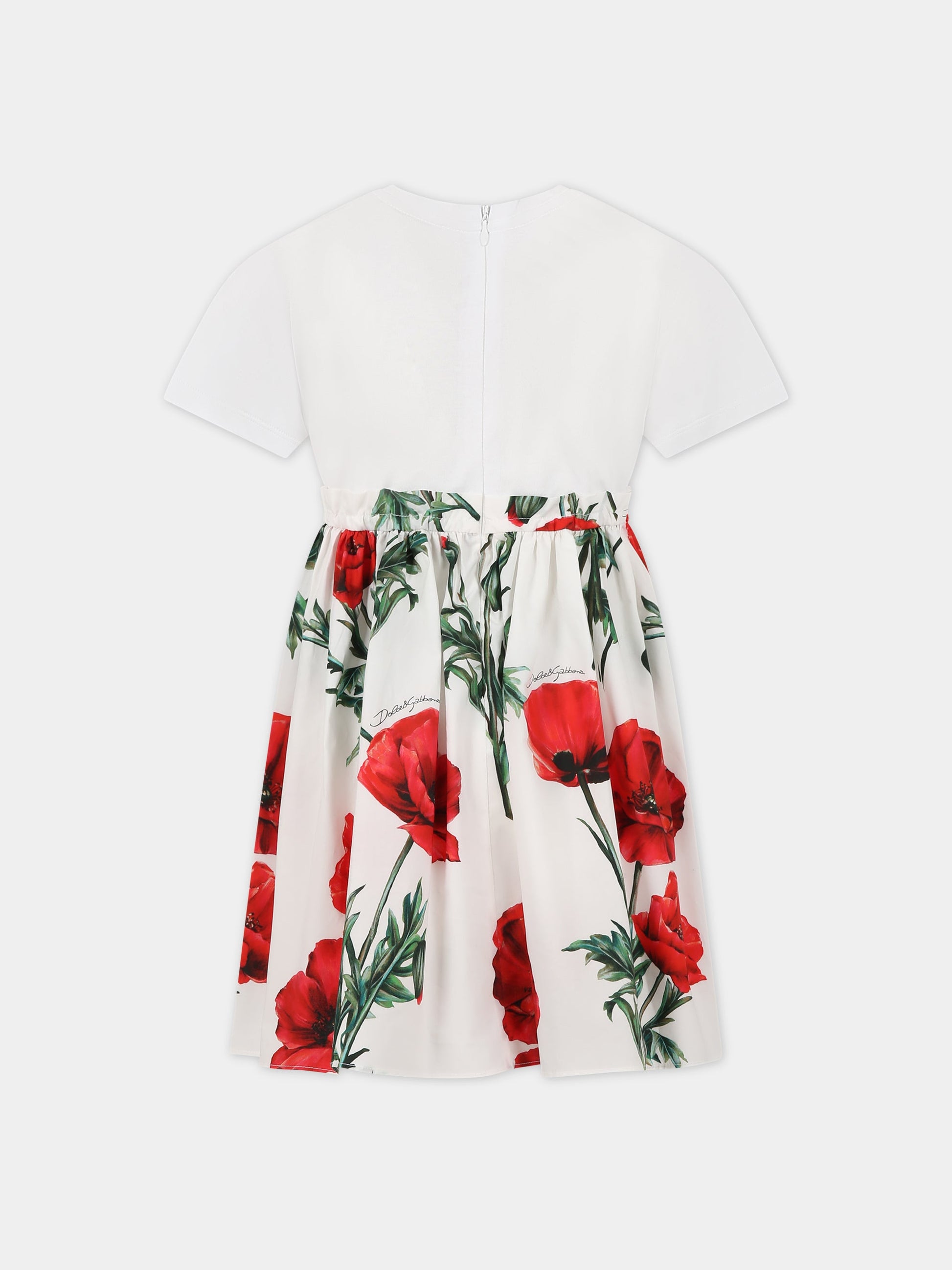 Vestito bianco per bambina con stampa papaveri e logo,Dolce & Gabbana Kids,L5JD4R G7G9L HA3VN