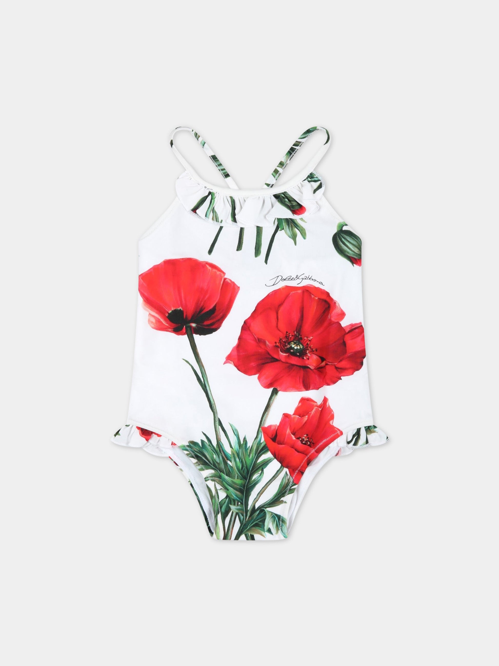 Costume bianco da bagno per neonata con papaveri e logo,Dolce & Gabbana Kids,L2J814 FSG5U HA3VN