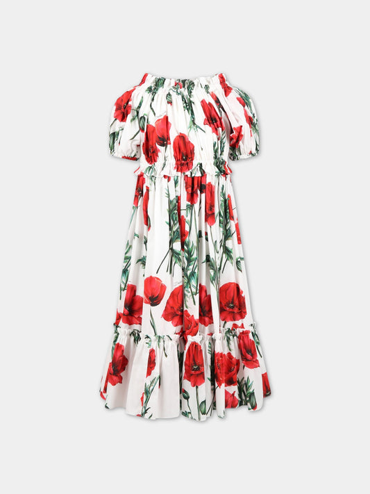 Vestito bianco per bambina con papaveri e logo,Dolce & Gabbana Kids,L53DI4 HS5O1 HA3VN