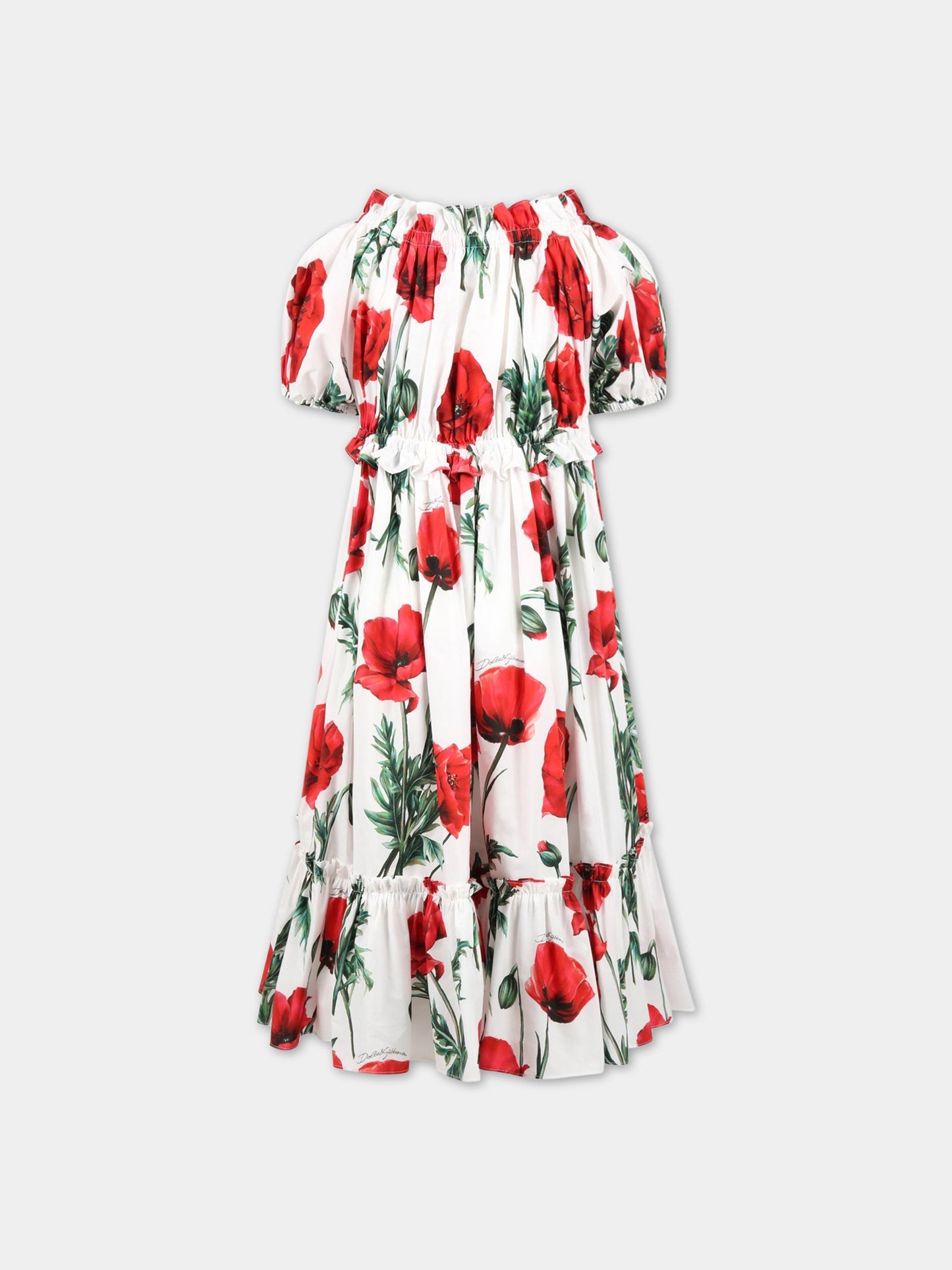 Vestito bianco per bambina con papaveri e logo,Dolce & Gabbana Kids,L53DI4 HS5O1 HA3VN