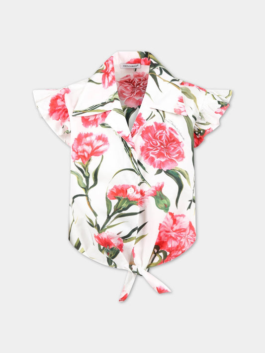 Camicia bianca per bambina con garofani rosa,Dolce & Gabbana Kids,L55S74 HS5O0 HA3VL