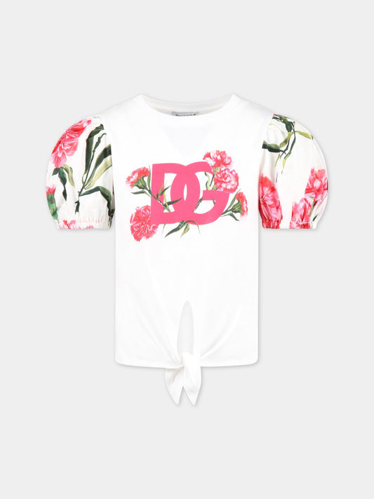 T-shirt bianca per bambina con garofani rosa,Dolce & Gabbana Kids,L5JTKJ G7G8H HA3VL