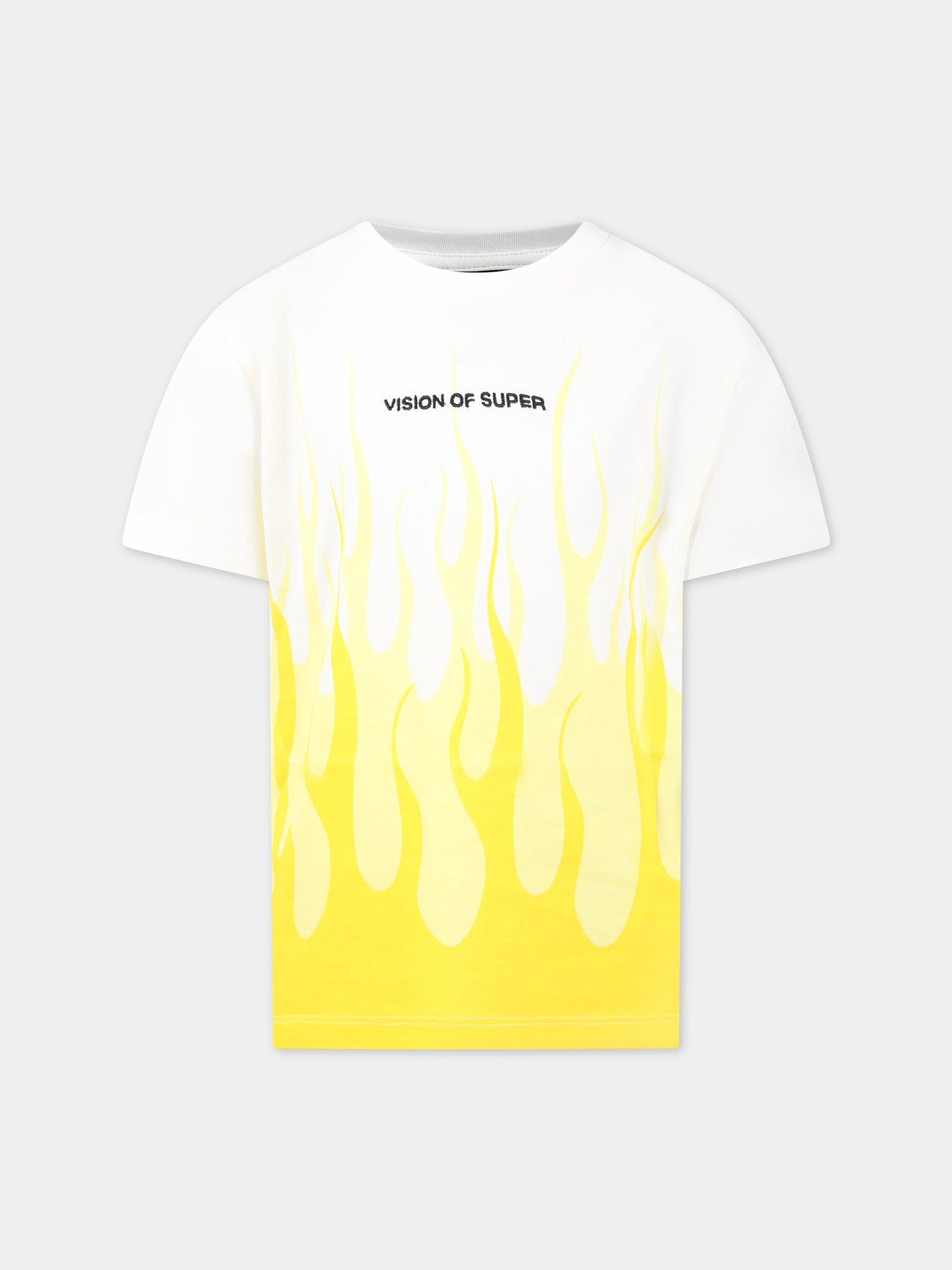 T-shirt bianca per bambino con fiamme gialle e logo,Vision Of Super,TSV3109J GIALLO