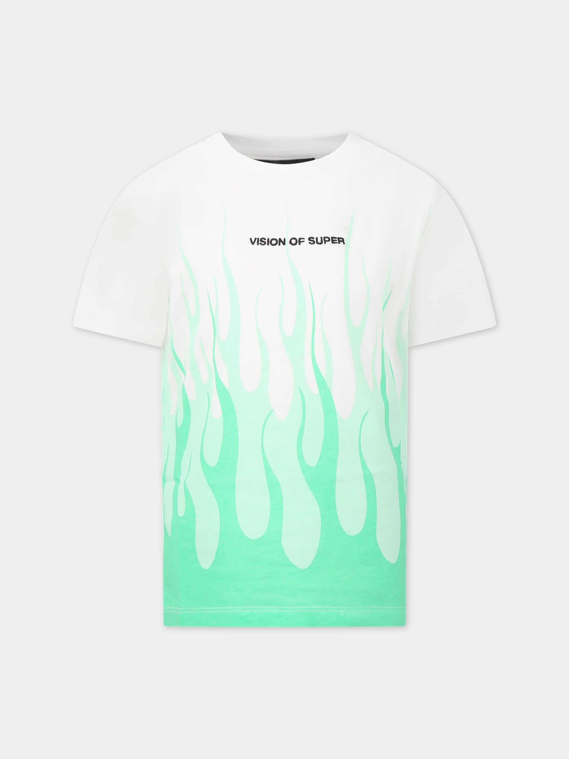 T-shirt bianca per bambino con fiamme verdi e logo,Vision Of Super,TSV3109J VERDE