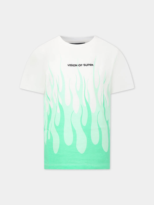 T-shirt bianca per bambino con fiamme verdi e logo,Vision Of Super,TSV3109J VERDE