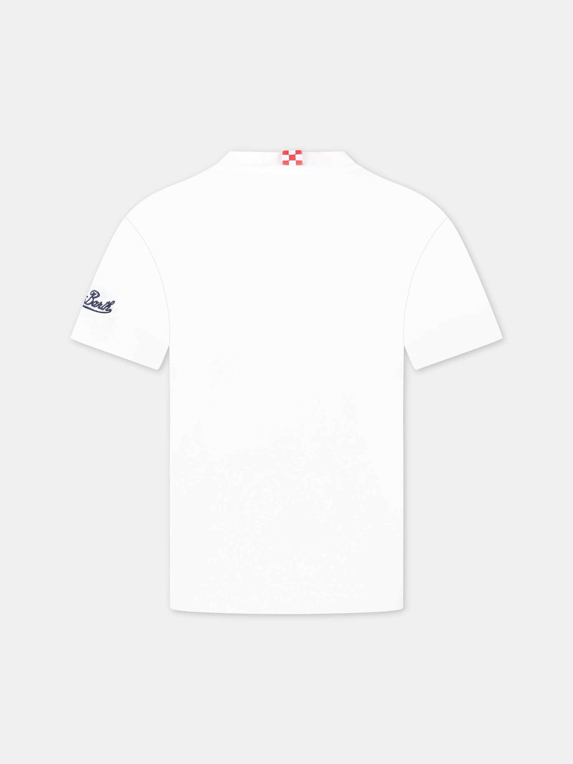 T-shirt bianca per bambino con stampa Puffo, scritta Champion  e logo,Mc2 Saint Barth,TSHIRT BOY SMURF SOCCER 01N