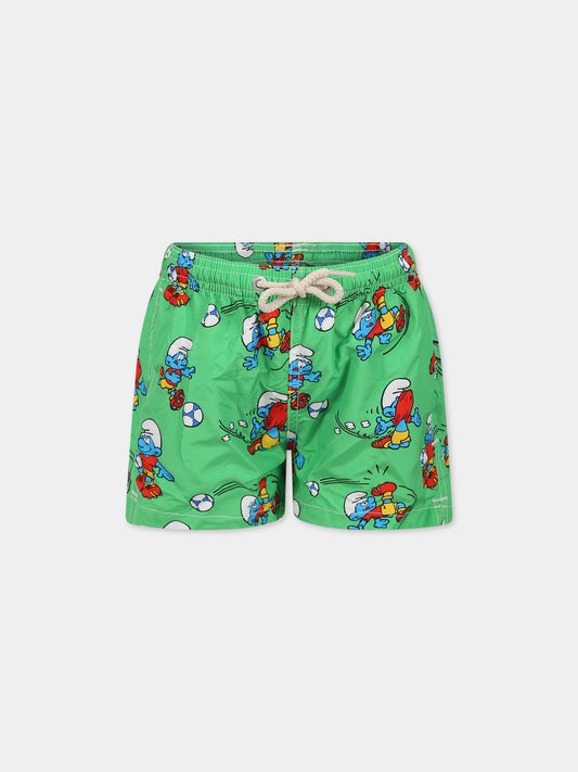 Boxer mare verde per bambino con stampa puffo e logo,Mc2 Saint Barth,JEAN LIGHTING SMURF SOCCER 57