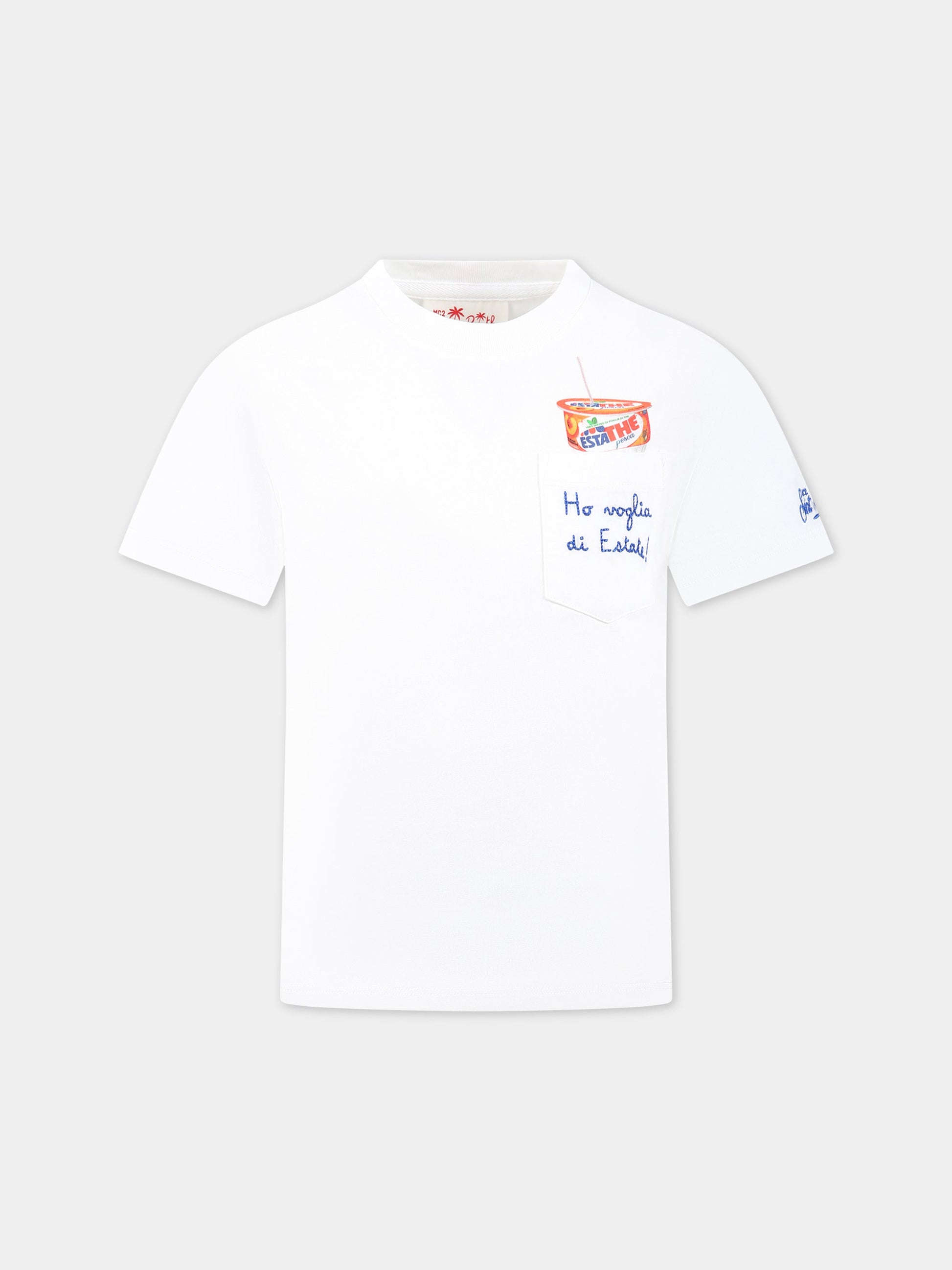 T-shirt bianca per bambini con stampa Estathé, scritta  Ho voglia di Estate  e logo,Mc2 Saint Barth,EDDY PEACH ESTATHE 01N EMB