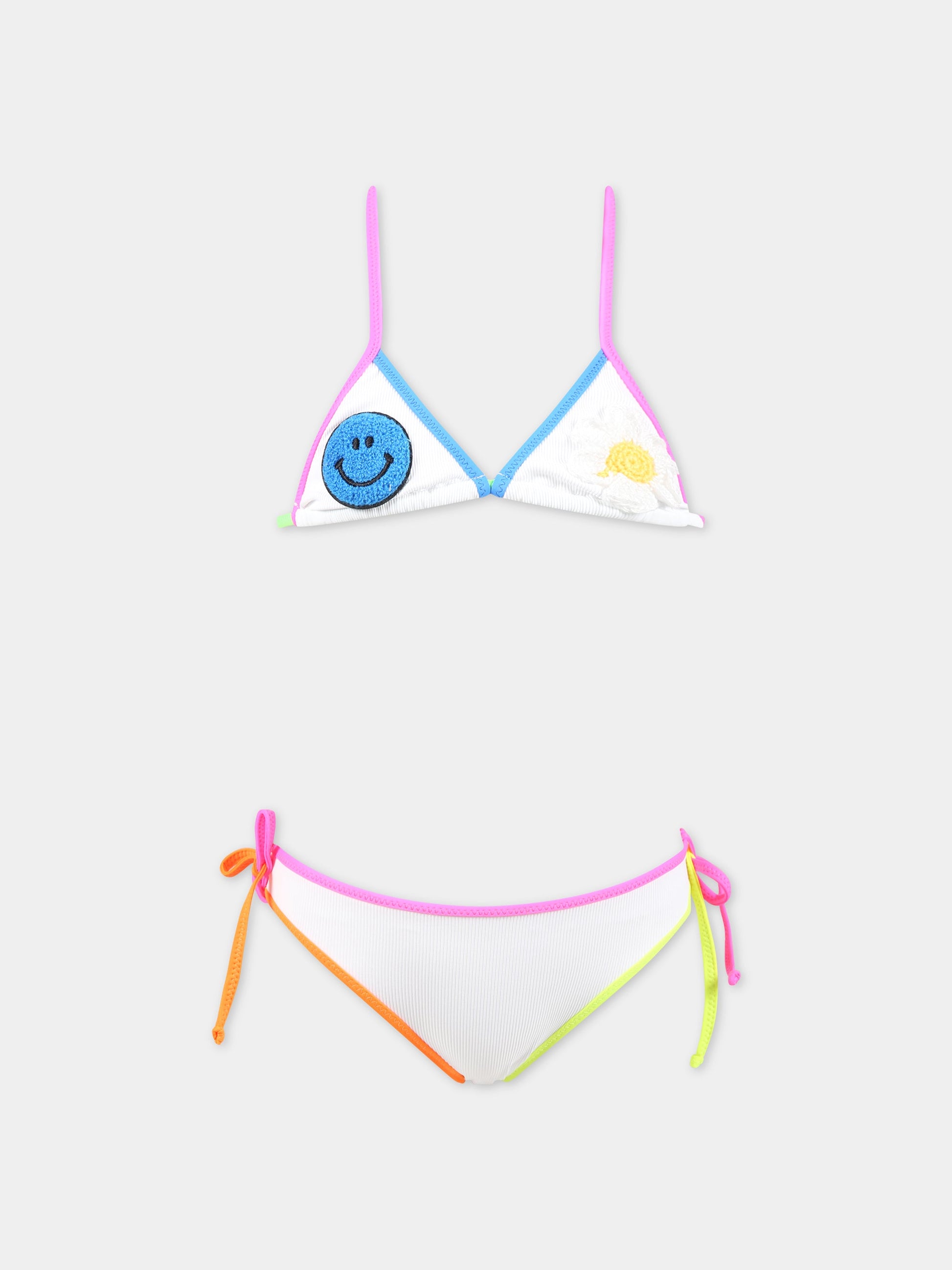 Bikini bianco per bambina con margherita, smile e logo,Mc2 Saint Barth,HOLLY STRING RIB 01 MULTIC SMILE DAISY PATCH