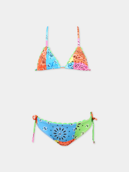 Bikini multicolor per bambina con stampa bandana e logo,Mc2 Saint Barth,HOLLY BANDANNA ROUND FLUO COL