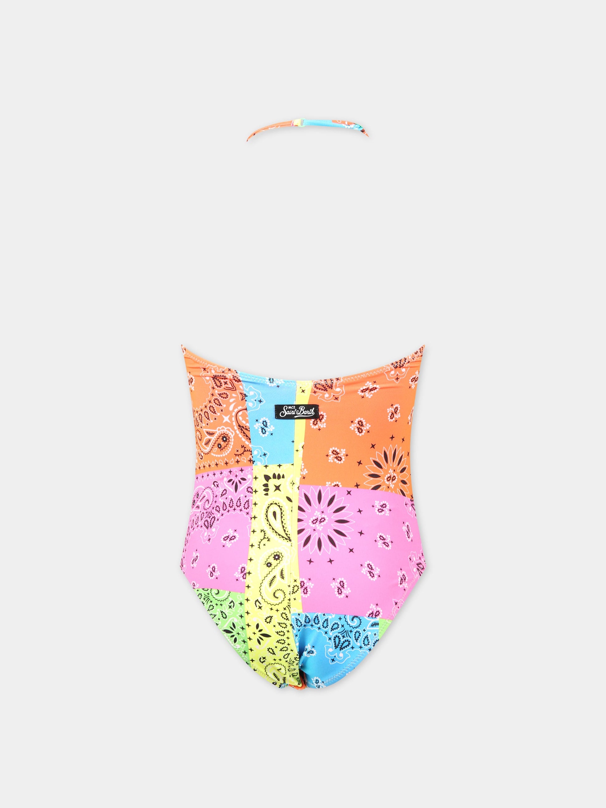 Costume multicolor per bambina con stampa bandana e logo,Mc2 Saint Barth,KINSLEY JR BANDANNA ROUND FLUO COL