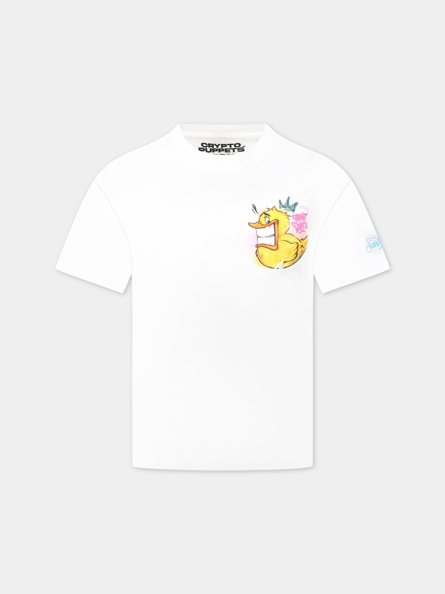 T-shirt bianca per bambino con stampa  Ducky e logo,Mc2 Saint Barth,PORTOFINO JR CPT DUCK 01N