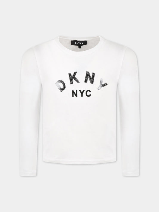 T-shirt bianca per bambina con logo nero,Dkny,D35R57 10B