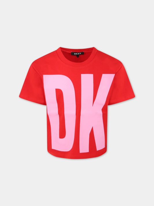 T-shirt rossa per bambina con logo rosa,Dkny,D35R61 991