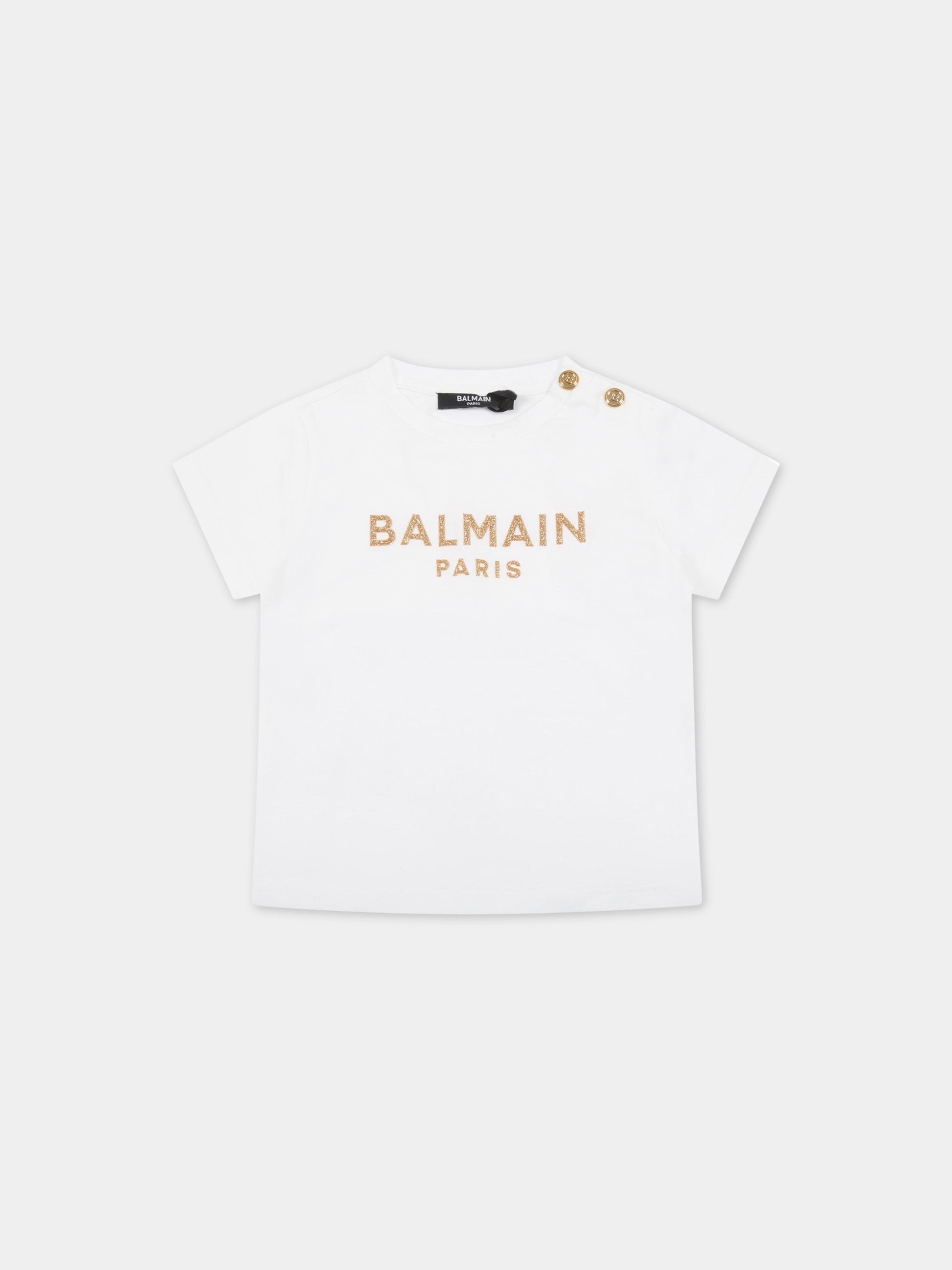 T-shirt bianca per bambini con logo dorato,Balmain Kids,6R8031 Z0057 100OR