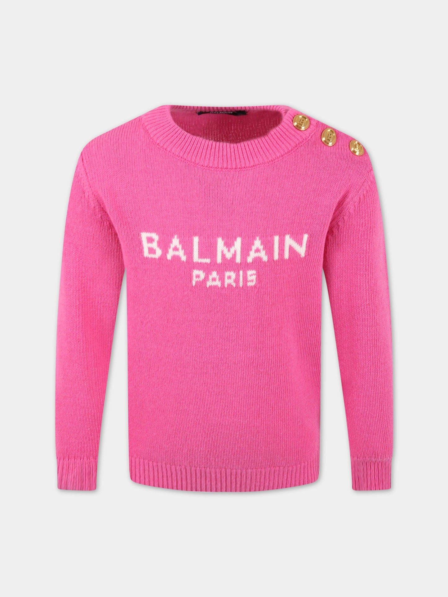 Maglione fucsia per bambina con logo bianco,Balmain Kids,6R9O20 W0002 514