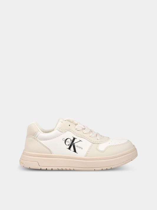 Sneakers avorio per bambini con logo,Calvin Klein Kids,V3X9 80552 1355A360