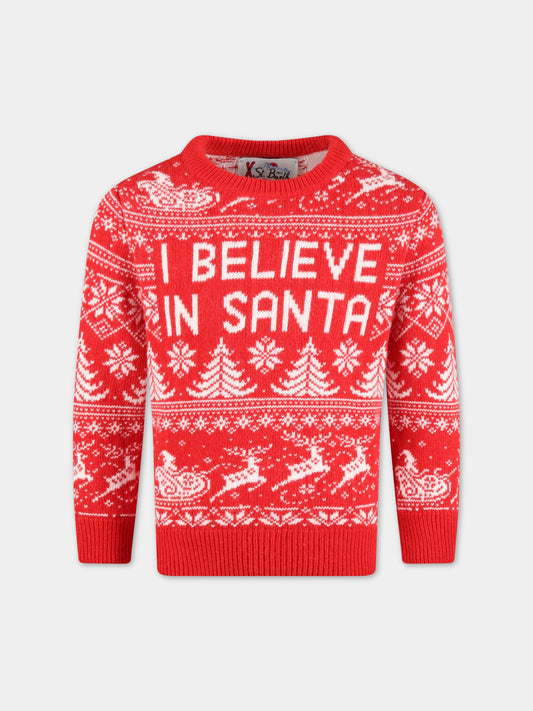 Maglione rosso per bambino con dettagli natalizi e logo,Mc2 Saint Barth,DOU0003 00903C