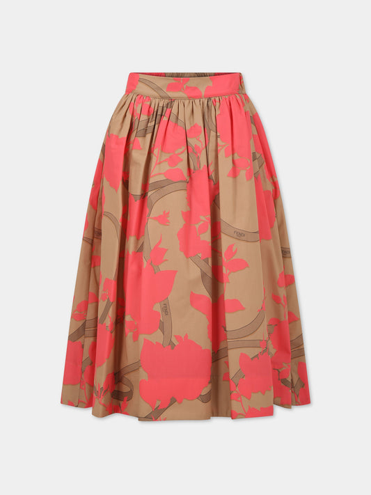 Gonna beige per bambina con stampa floreale e logo,Fendi Kids,JFE105 AMIA F1K9Y