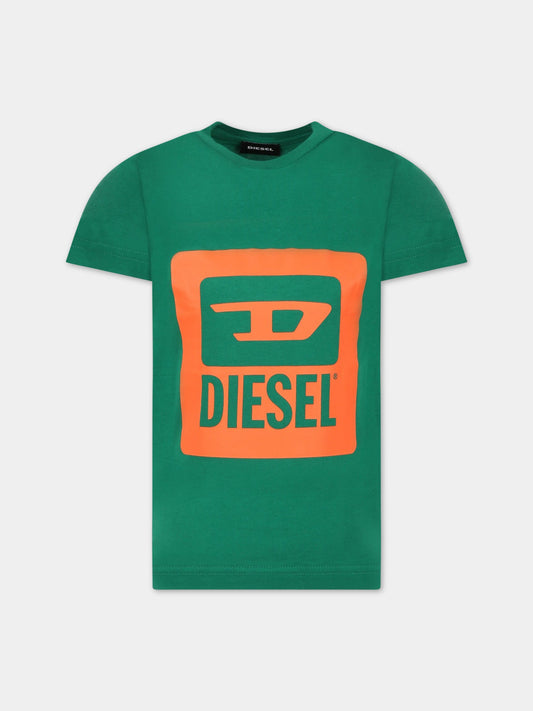 T-shirt verde per bambino con logo,Diesel,J00838 KYAVJ K50N