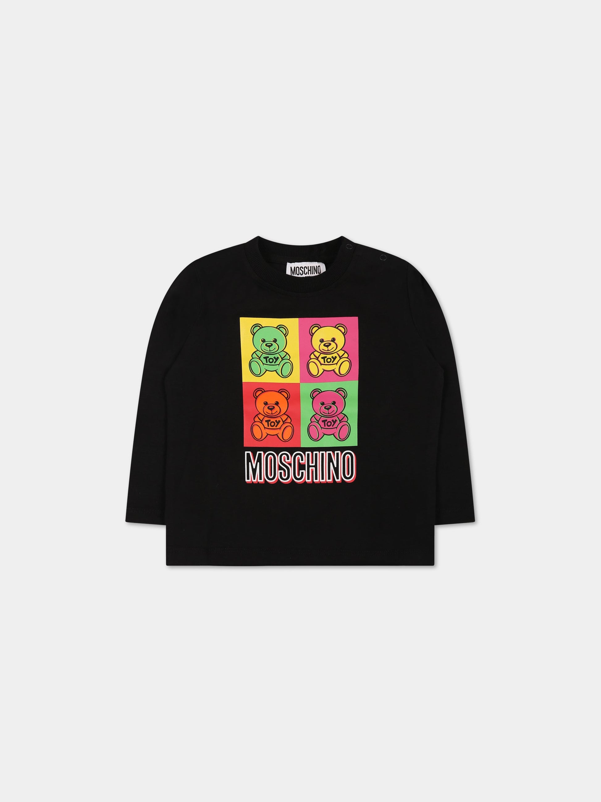 T-shirt nera per neonato con Teddy Bear e logo,Moschino Kids,MMO00E LBA19 60100 