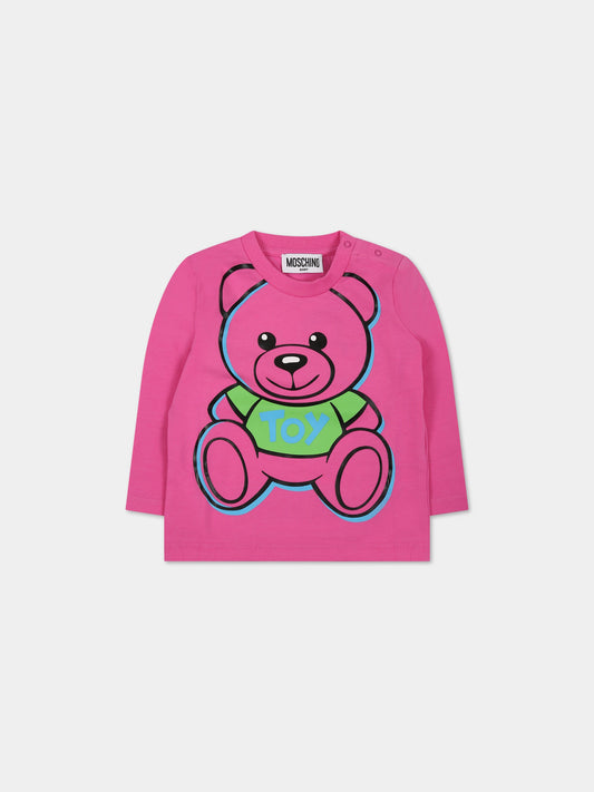 T-shirt fucsia per neonata con Teddy Bear e logo,Moschino Kids,MUO00E LBA19 50879