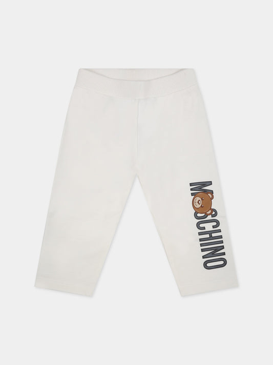 Leggings bianchi per neonati con Teddy Bear e logo,Moschino Kids,MQP02R LDA17 10063