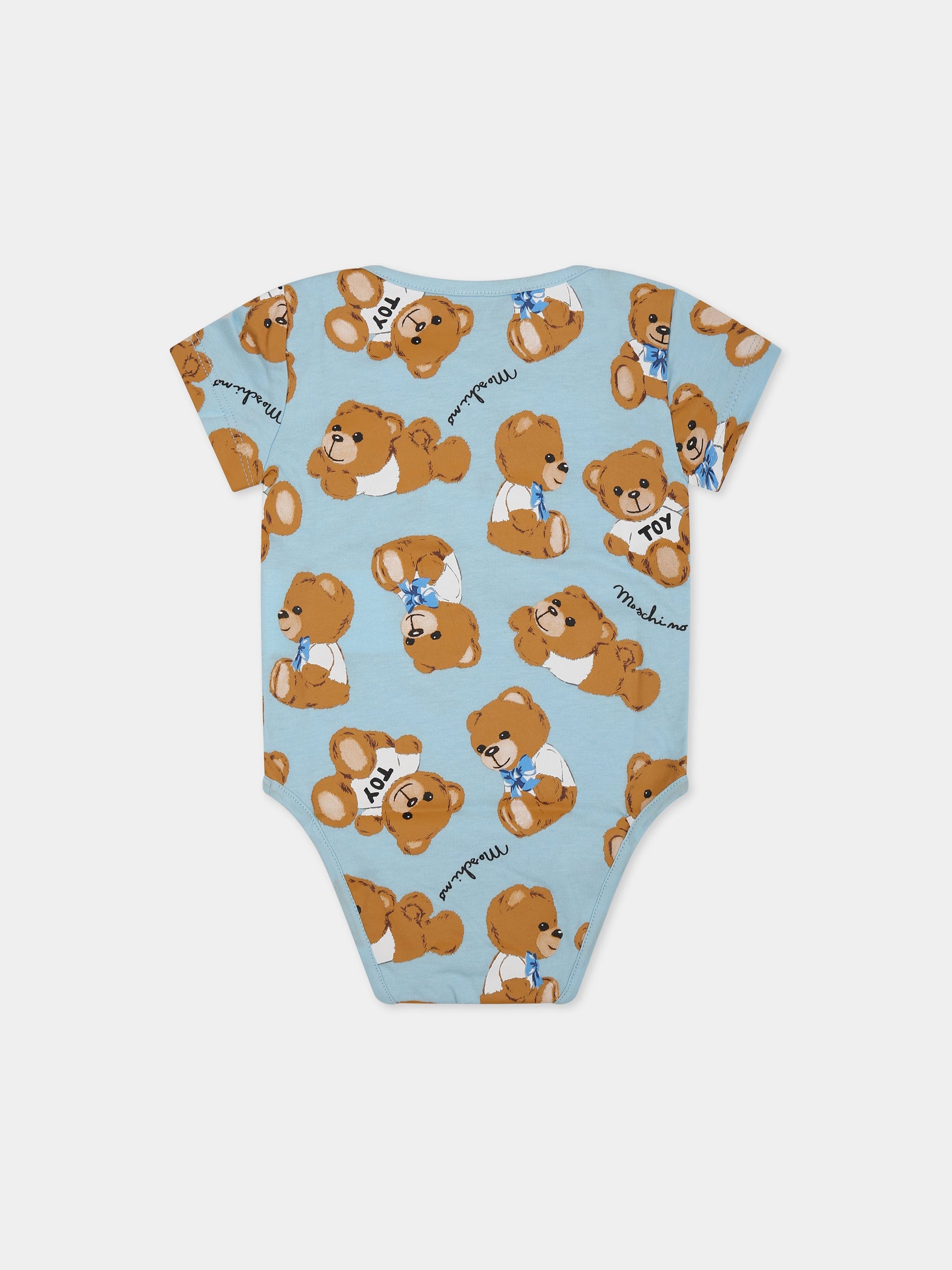 Body celeste per neonato con stampa Teddy Bear e logo all-over,Moschino Kids,MUT02U LAB48 82578