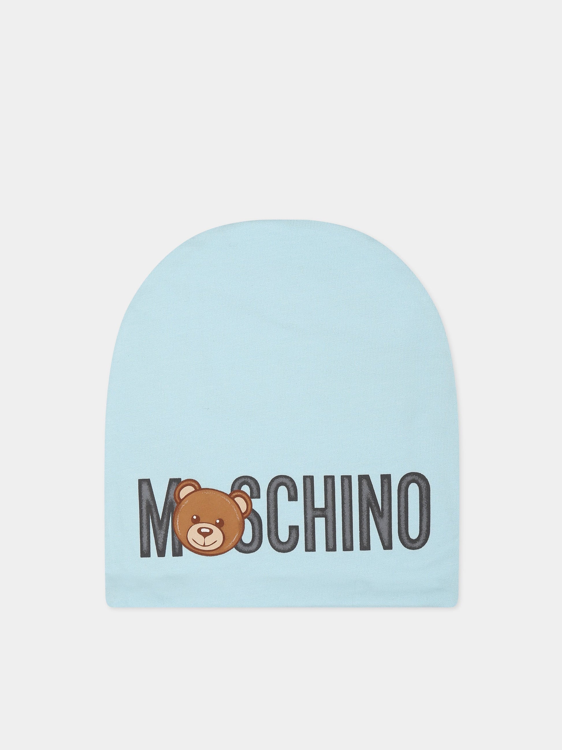 Cappello celeste per neonati con teddy Bear e logo,Moschino Kids,MNX03N LDA17 40304