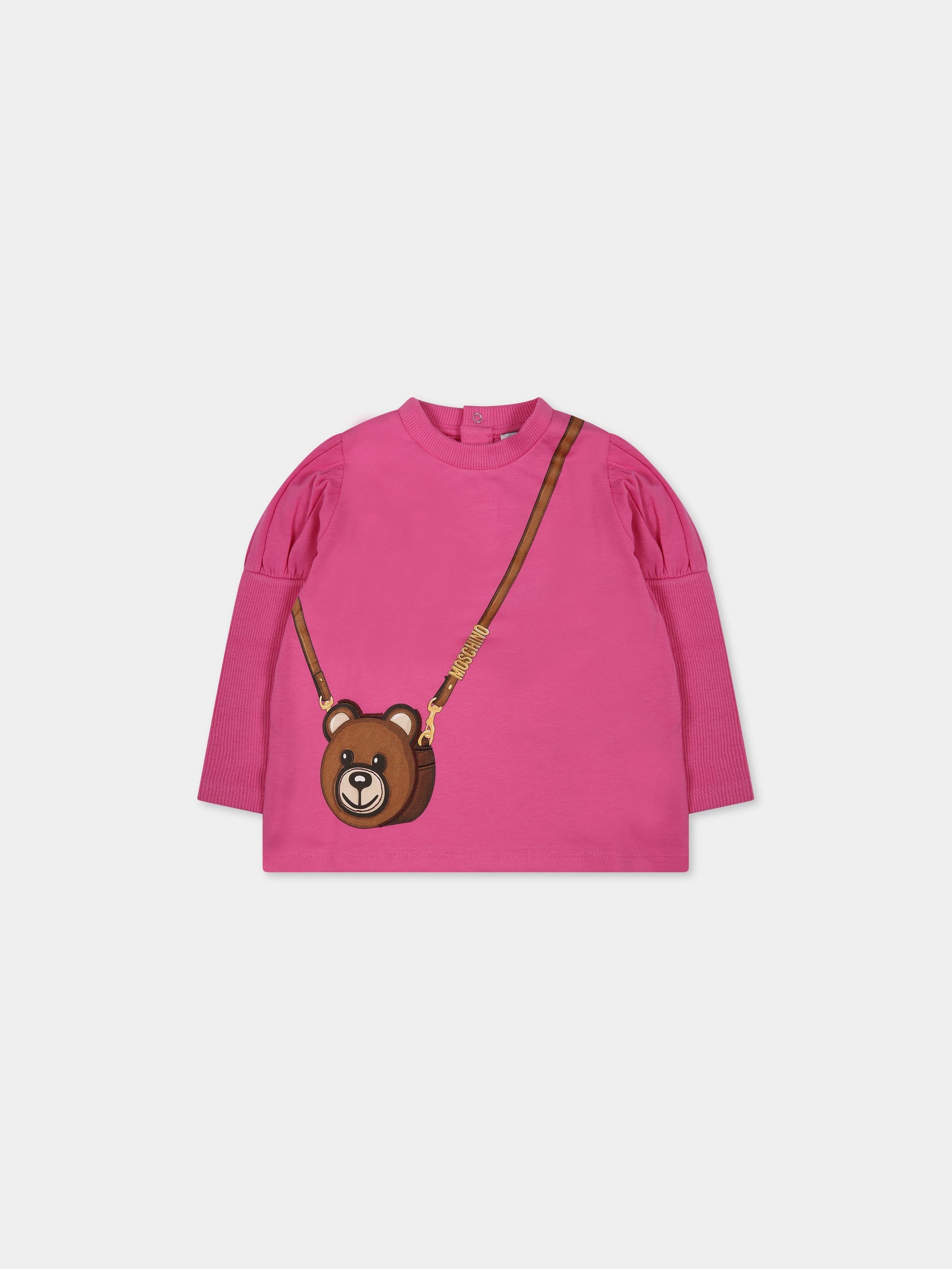 T-shirt fucsia per neonata con  stampa Teddy Bear e logo,Moschino Kids,MDO00F LBA11 50879