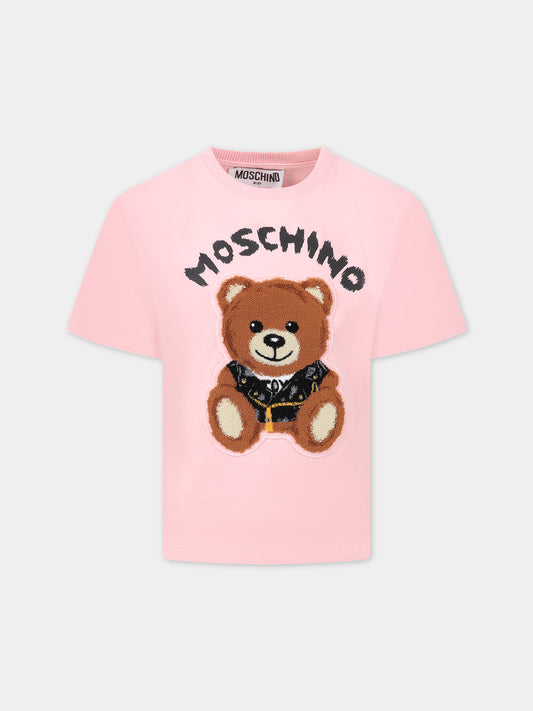 T-shirt rosa per bambina con logo e Teddy Bear,Moschino Kids,HUM03S LBA12 50209