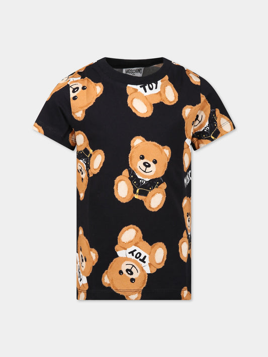 T-shirt nera per bambini con logo e Teddy Bear all-over,Moschino Kids,HUM043 LBBA5 82581