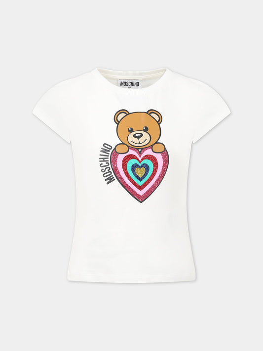 T-shirt bianca per bambina con Teddy bear, logo e cuore,Moschino Kids,HHM042 LBA11 10063
