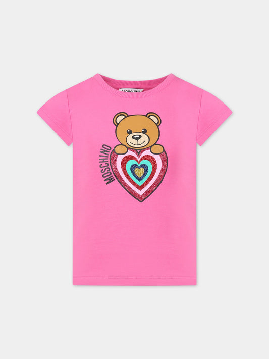 T-shirt rosa per bambina con Teddy bear, logo e cuore,Moschino Kids,HHM042 LBA11 50879