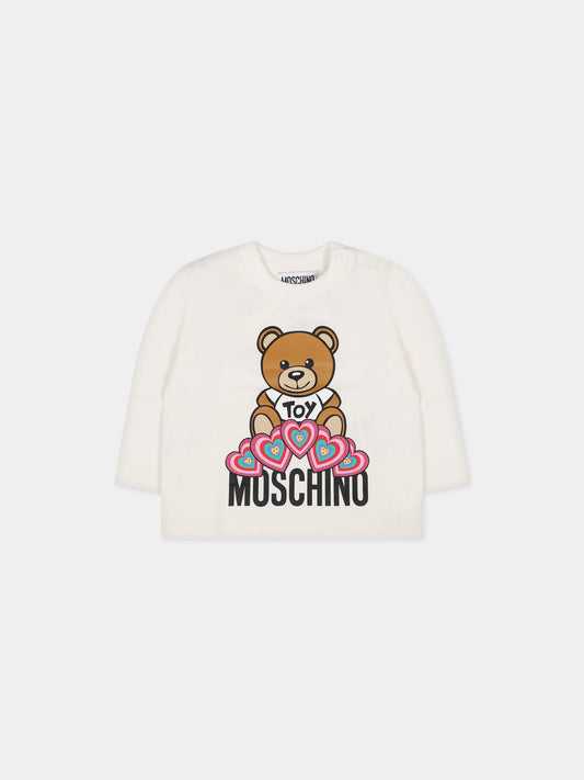 T-shirt bianca per neonata con Teddy Bear, logo e cuori,Moschino Kids,MDO00C LBA11 10063