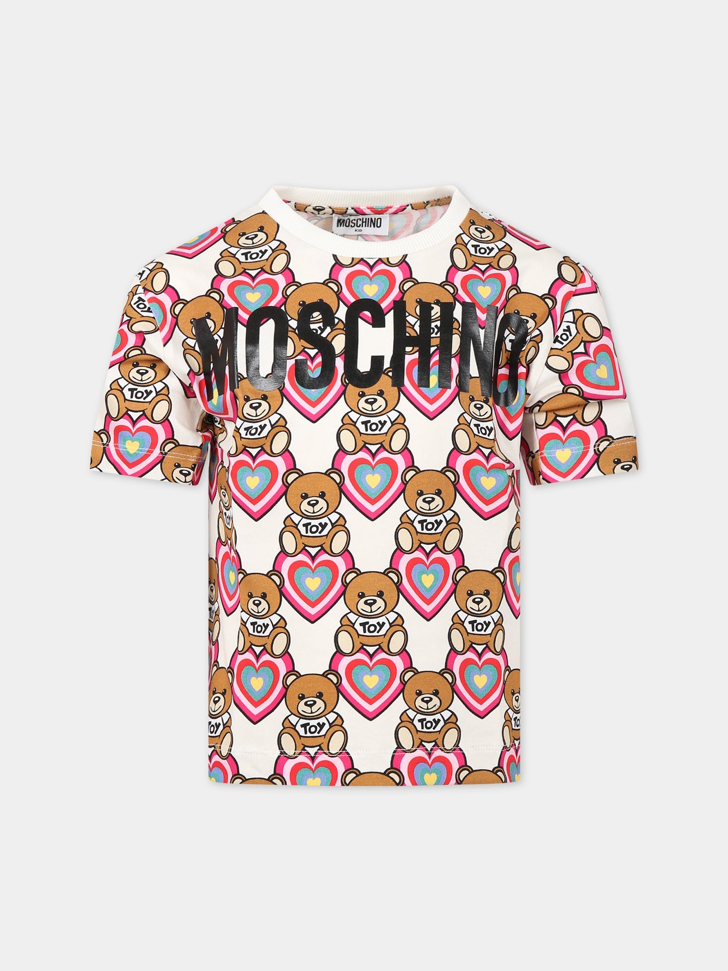 T-shirt bianca per bambina con Teddy Bear, cuore e logo,Moschino Kids,HKM02T LBBA8 83612
