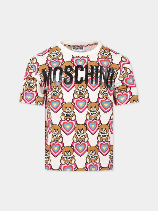 T-shirt bianca per bambina con Teddy Bear, cuore e logo,Moschino Kids,HKM02T LBBA8 83612