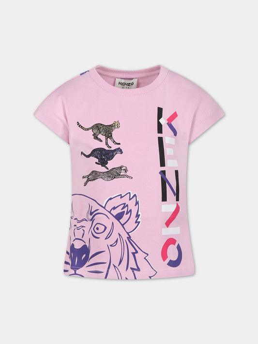 T-shirt rosa per bambina con tigre e stampa,Kenzo Kids,K15537 922