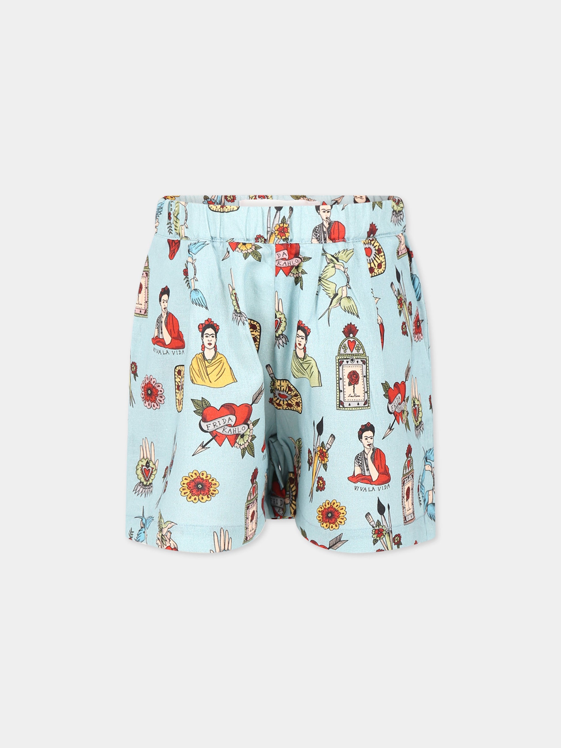 Shorts celesti per bambina con stampa,Parsmei,RIV/UNI/SHO/FRI