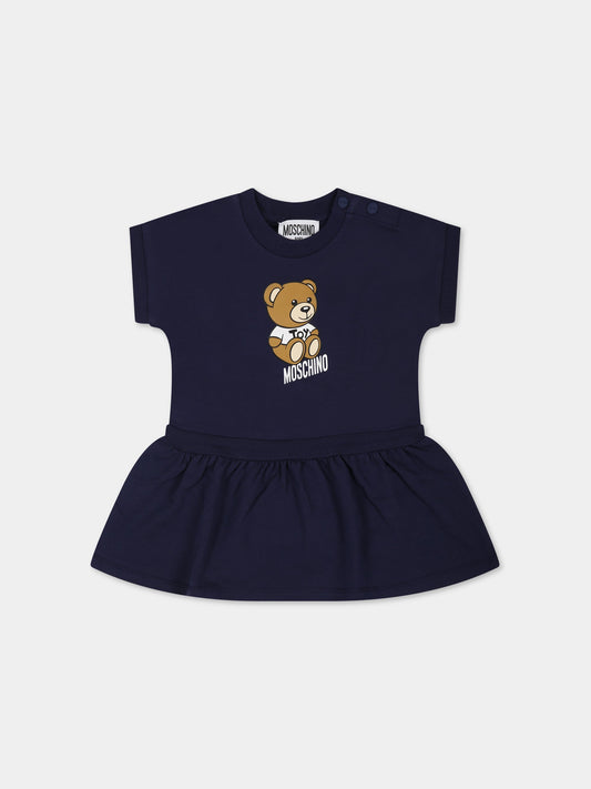 Vestito blu per neonata con Teddy Bear e logo,Moschino Kids,MAV09I LDA00 40016